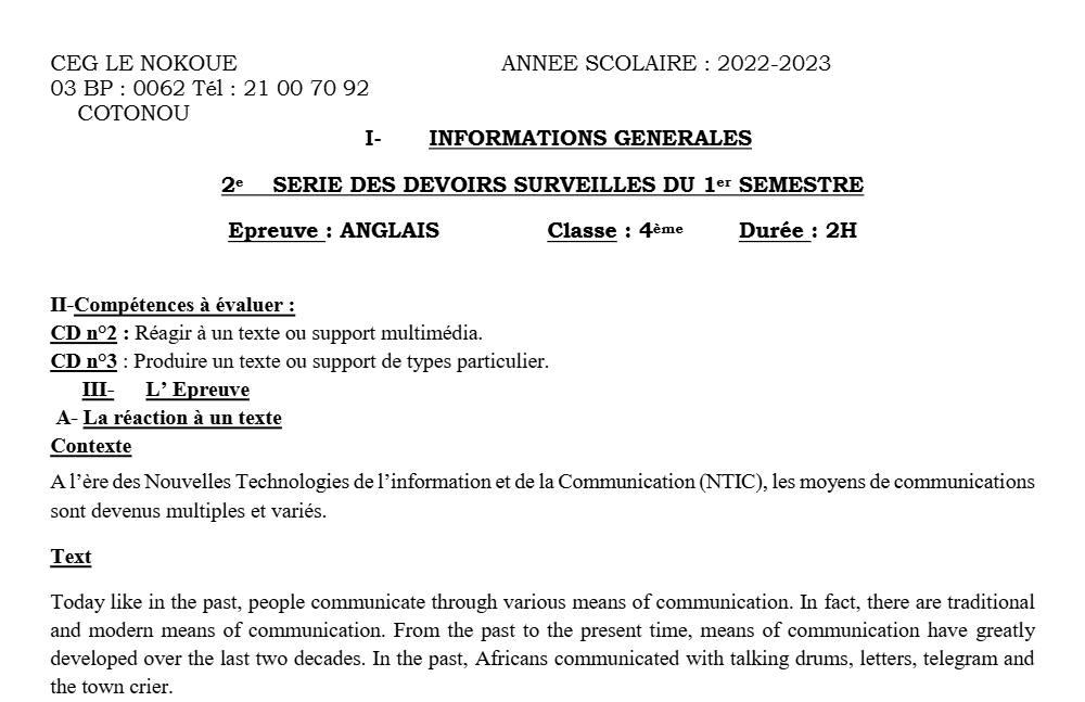 Aperçu de la première page — 4e Anglais 2ème Devoir 1er Semestre , CEG Le Nokoué 2022 2023