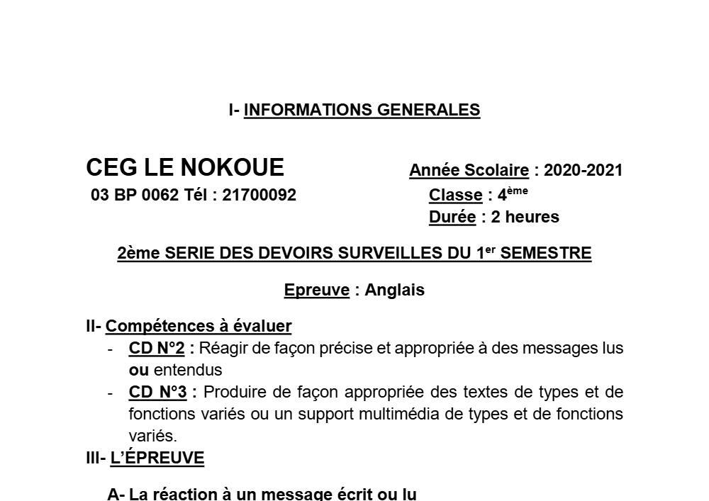 Aperçu de la première page — 4e Anglais 2ème Devoir 1er Semestre 12020 2021 CEG Le Nokoué 2020 2021