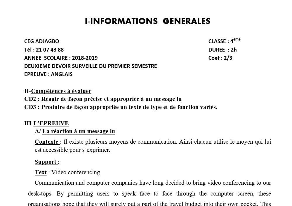Aperçu de la première page — 4e Anglais 2ème Devoir 1er Semestre CEG Adjagbo 2018 2019