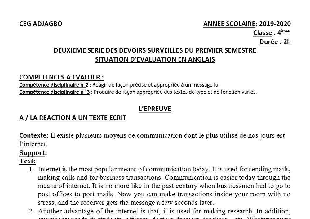 Aperçu de la première page — 4e Anglais 2ème Devoir 1er Semestre CEG Adjagbo 2019 2020