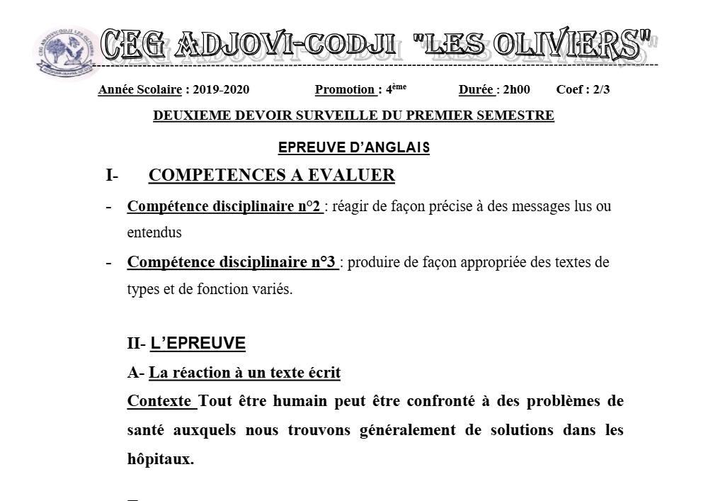 Aperçu de la première page — 4e Anglais 2ème Devoir 1er Semestre CEG Adjovi Codji 2019 2020
