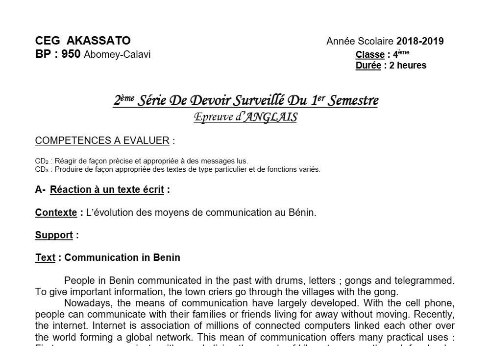 Aperçu de la première page — 4e Anglais 2ème Devoir 1er Semestre CEG Akassato 2018 2019