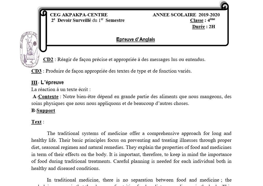 Aperçu de la première page — 4e Anglais 2ème Devoir 1er Semestre CEG Akpakpa 2019 2020
