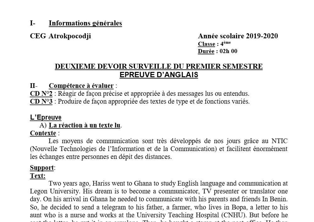 Aperçu de la première page — 4e Anglais 2ème Devoir 1er Semestre CEG Atrokpocodji 2019 2020