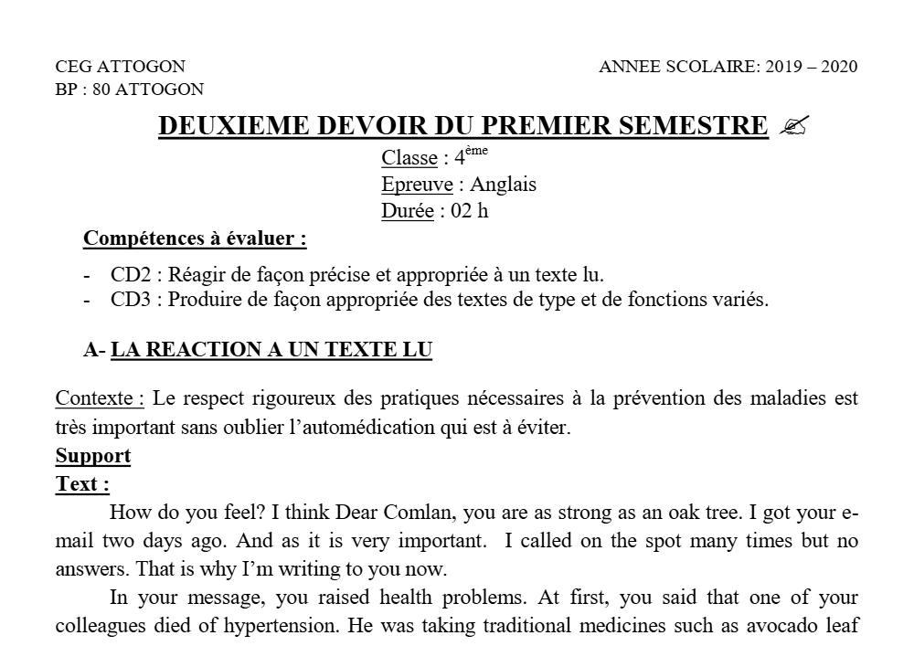 Aperçu de la première page — 4e Anglais 2ème Devoir 1er Semestre CEG Attogon 2019 2020