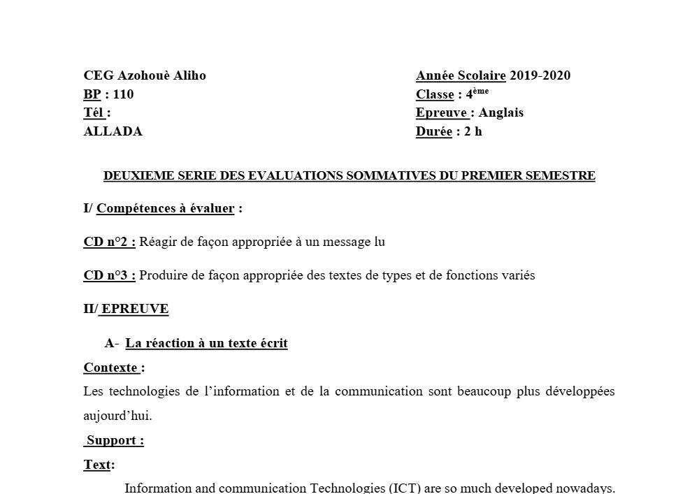 Aperçu de la première page — 4e Anglais 2ème Devoir 1er Semestre CEG Azohoue Aliho 2019 2020