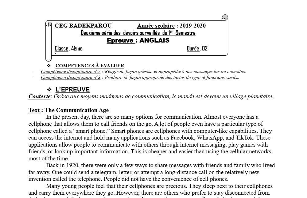 Aperçu de la première page — 4e Anglais 2ème Devoir 1er Semestre CEG Badekparou 2019 2020