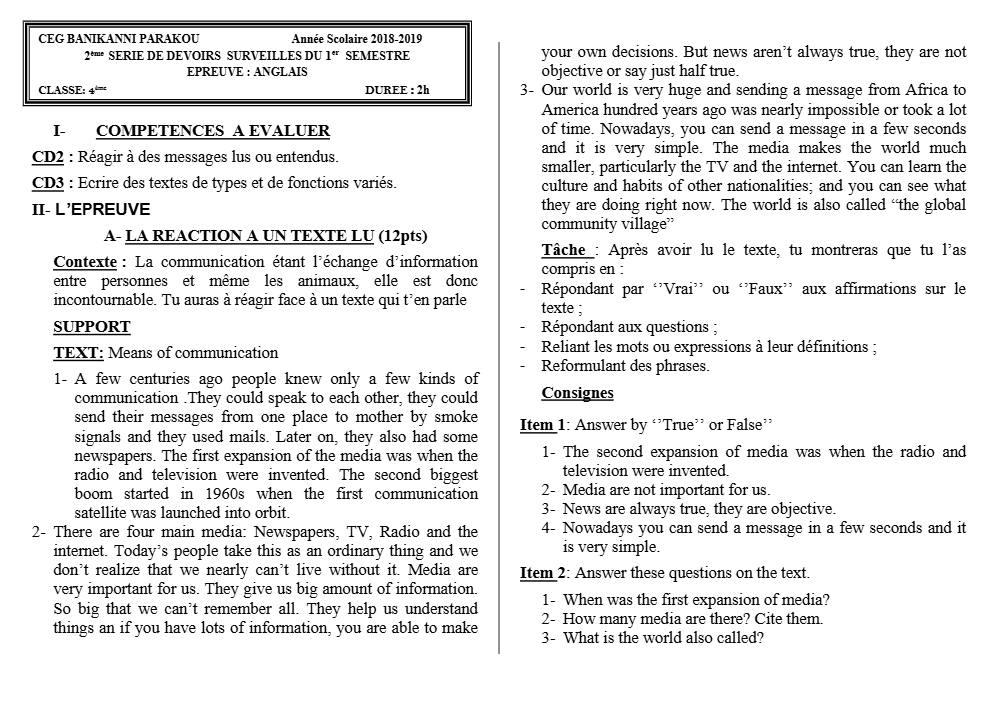 Aperçu de la première page — 4e Anglais 2ème Devoir 1er Semestre CEG Banikanni 2018 2019
