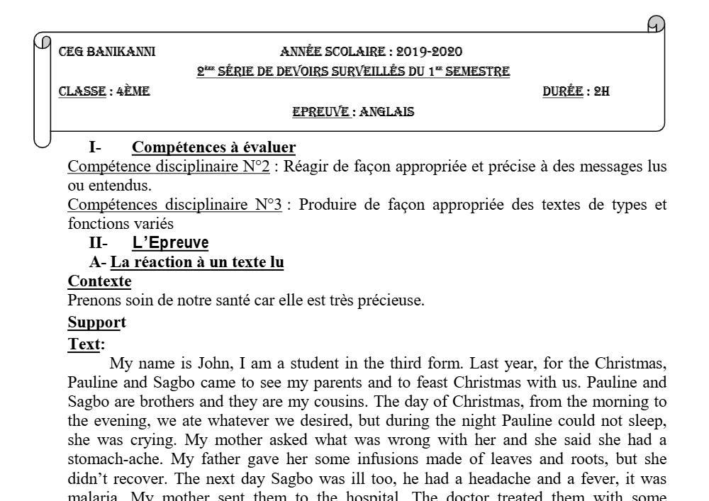 Aperçu de la première page — 4e Anglais 2ème Devoir 1er Semestre CEG Banikanni 2019 2020