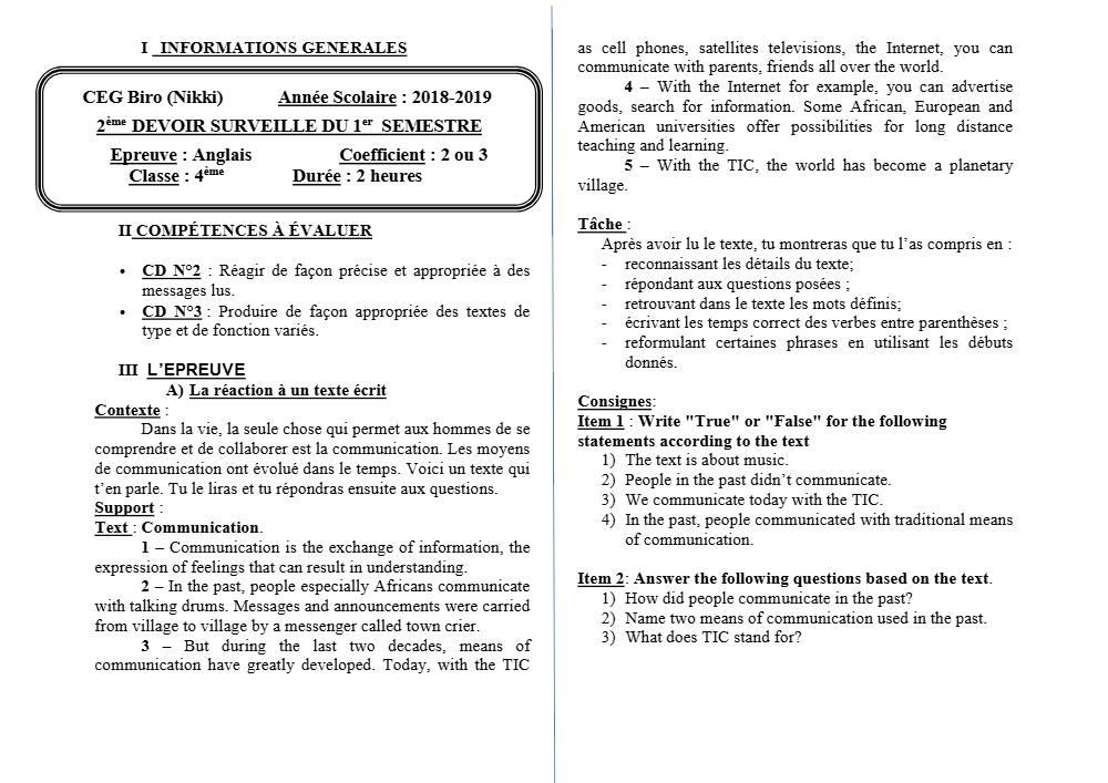 Aperçu de la première page — 4e Anglais 2ème Devoir 1er Semestre CEG Biro 2018 2019