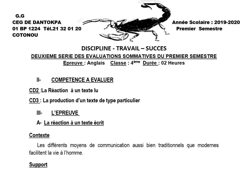 Aperçu de la première page — 4e Anglais 2ème Devoir 1er Semestre CEG Dantokpa 2019 2020