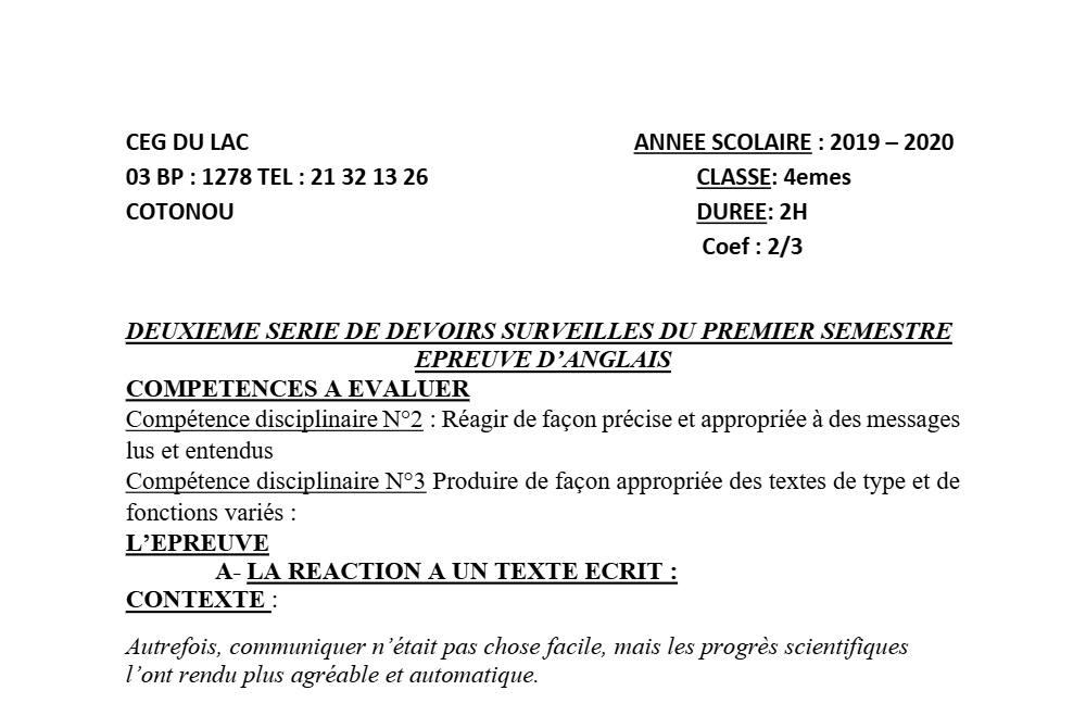Aperçu de la première page — 4e Anglais 2ème Devoir 1er Semestre CEG du Lac 2019 2020