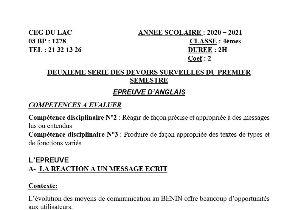 Aperçu de la première page — 4e Anglais 2ème Devoir 1er Semestre CEG du Lac 2020 2021