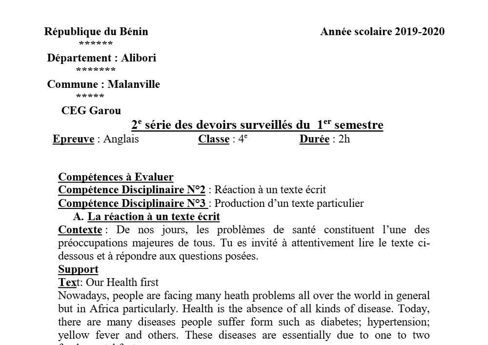Aperçu de la première page — 4e Anglais 2ème Devoir 1er Semestre CEG Garou 2019 2020