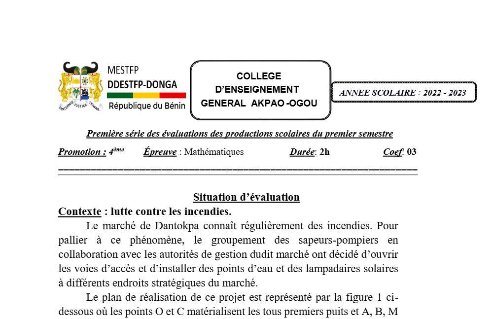 Aperçu de la première page — 4e Mathématiques 1er Devoir 1er Semestre , CEG Akpao Ogou 2022 2023