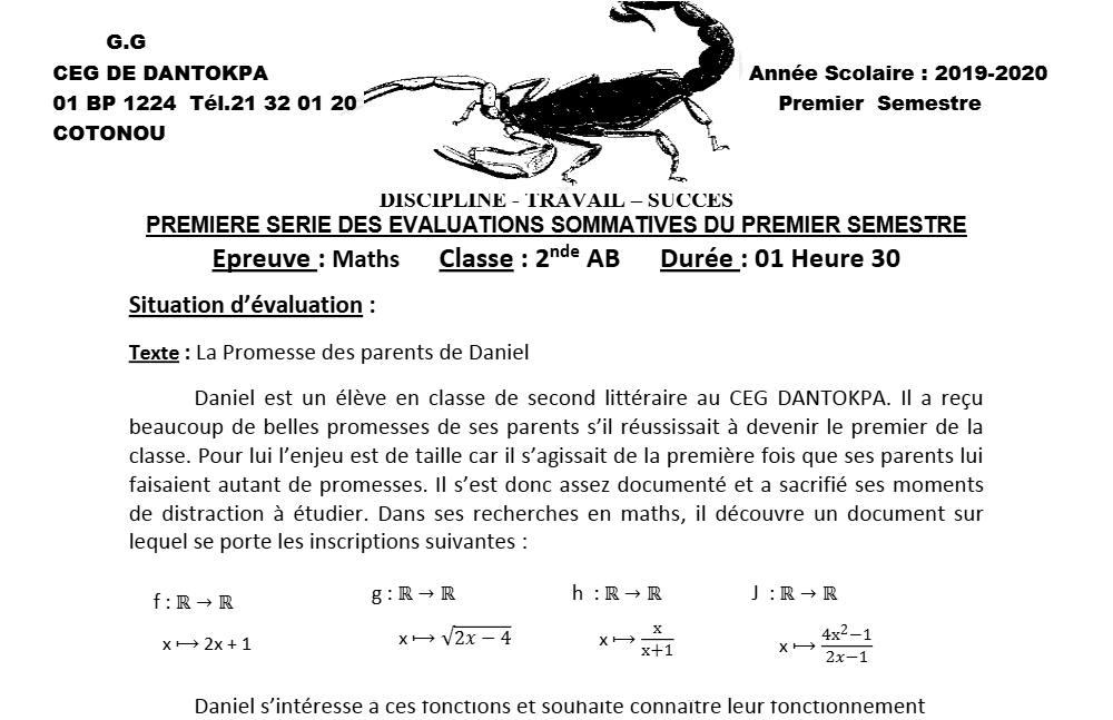 Aperçu de la première page — 4e Mathématiques 1er Devoir 1er Semestre 2nde Ab CEG Dantokpa 2019 2020