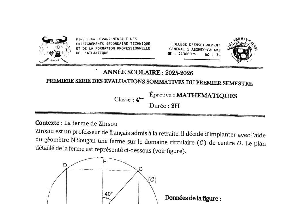 Aperçu de la première page — 4e Mathématiques 1er Devoir 1er Semestre CEG 1 Abomey Calavi 2025 2026