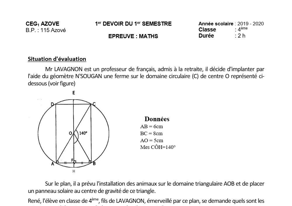 Aperçu de la première page — 4e Mathématiques 1er Devoir 1er Semestre CEG1 Azové 2019 2020