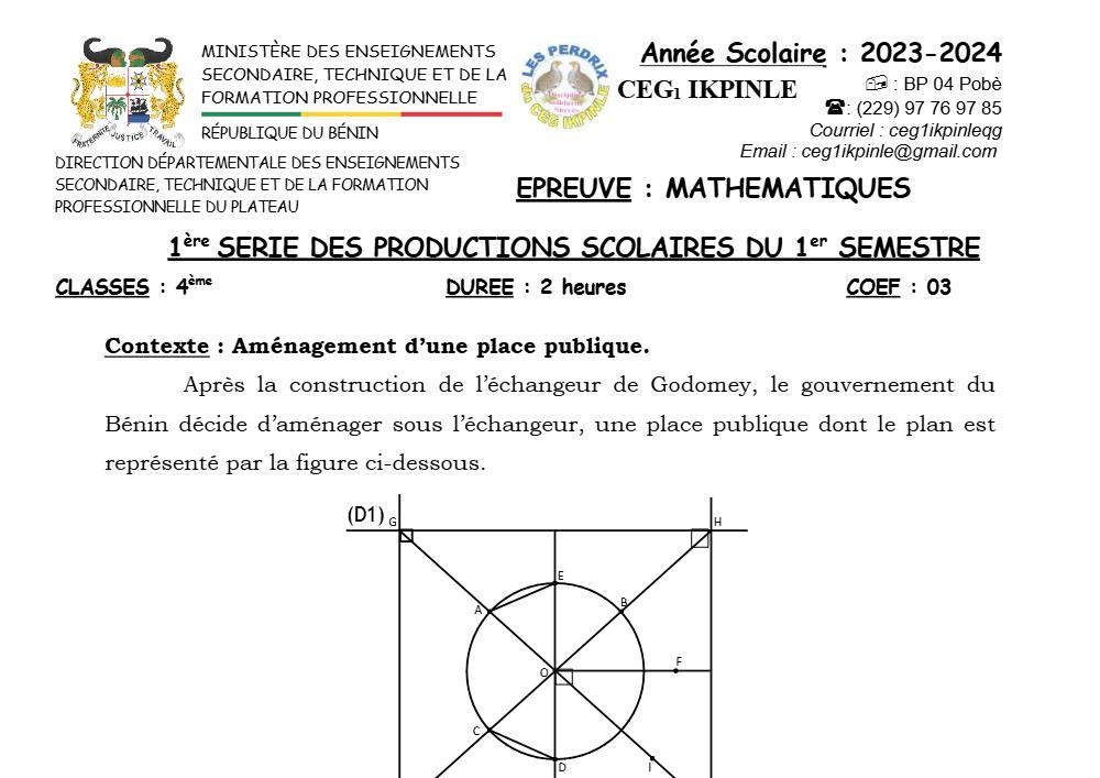 Aperçu de la première page — 4e Mathématiques 1er Devoir 1er Semestre CEG1 Ikpinlè 2023 2024