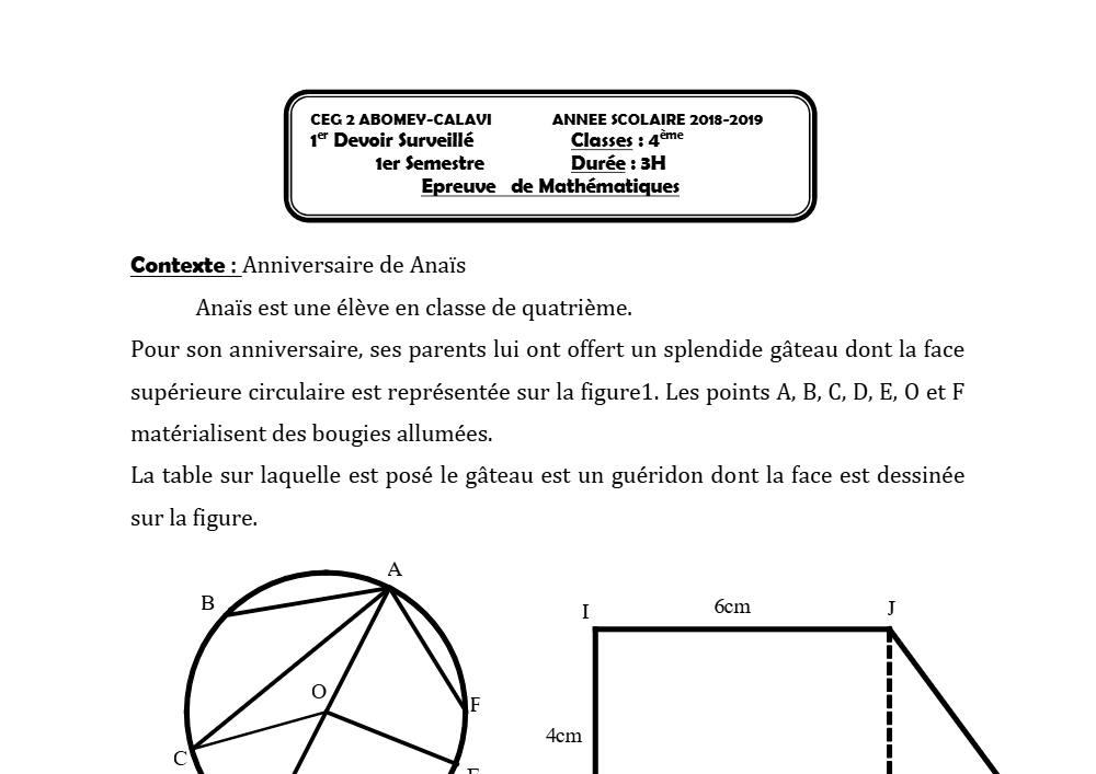 Aperçu de la première page — 4e Mathématiques 1er Devoir 1er Semestre CEG2 Abomey Calavi 2018 2019