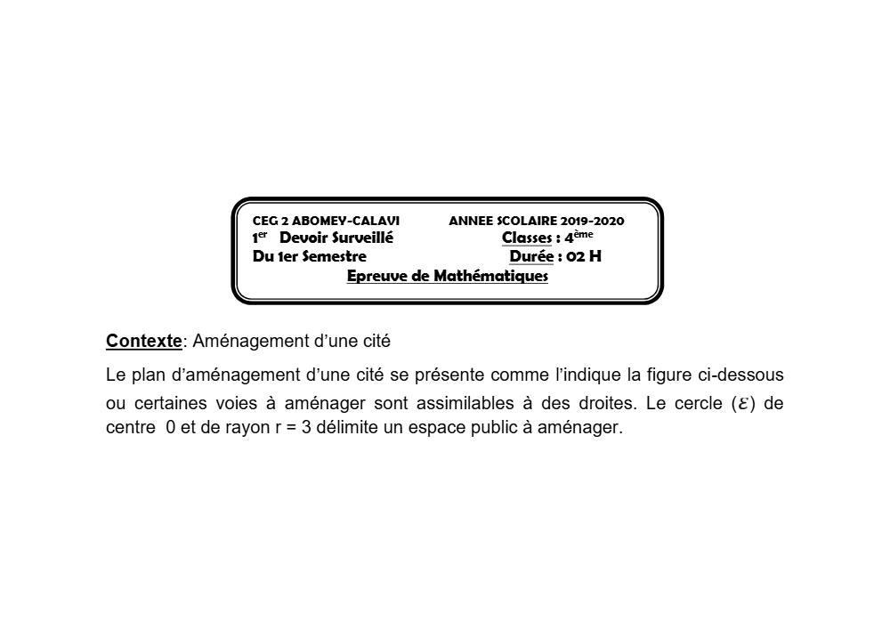 Aperçu de la première page — 4e Mathématiques 1er Devoir 1er Semestre CEG2 Abomey Calavi 2019 2020