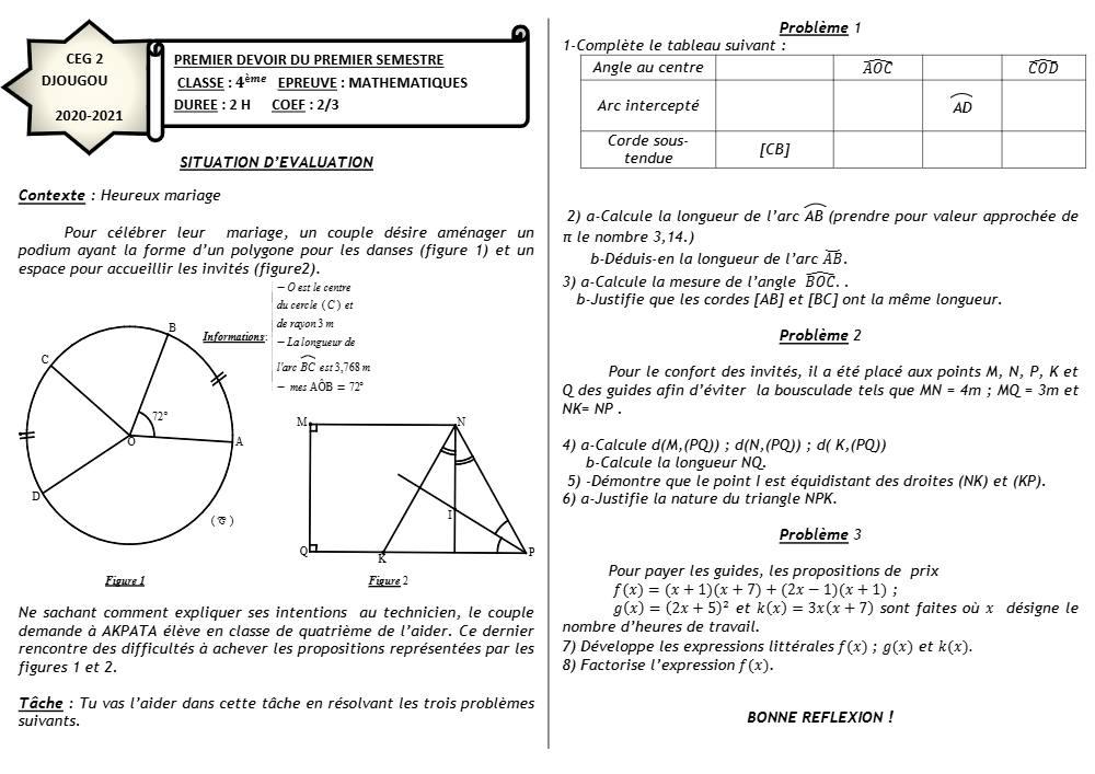 Aperçu de la première page — 4e Mathématiques 1er Devoir 1er Semestre CEG2 Djougou 2020 2021