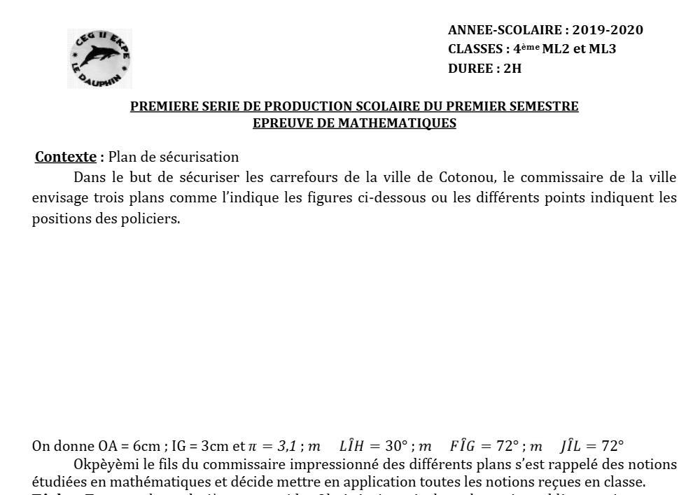 Aperçu de la première page — 4e Mathématiques 1er Devoir 1er Semestre CEG2 Ekpe 2019 2020