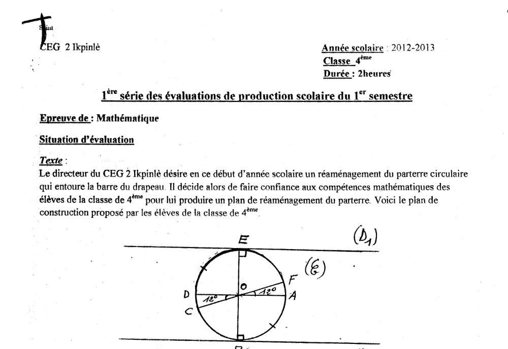 Aperçu de la première page — 4e Mathématiques 1er Devoir 1er Semestre CEG2 Ikpinlè 2012 2013