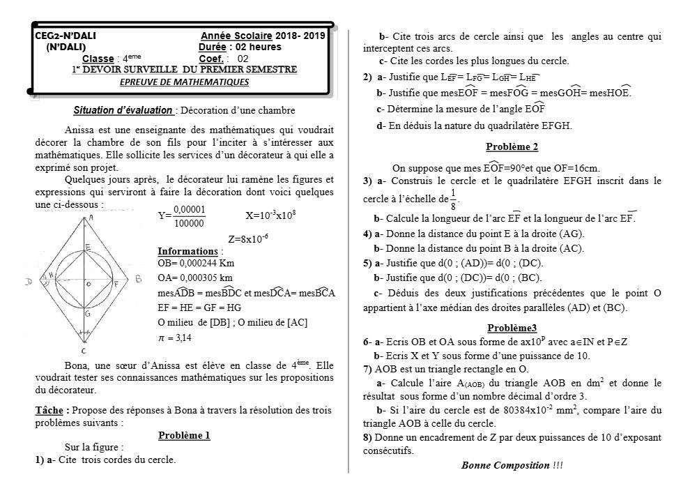 Aperçu de la première page — 4e Mathématiques 1er Devoir 1er Semestre CEG2 N'Dali 2018 2019