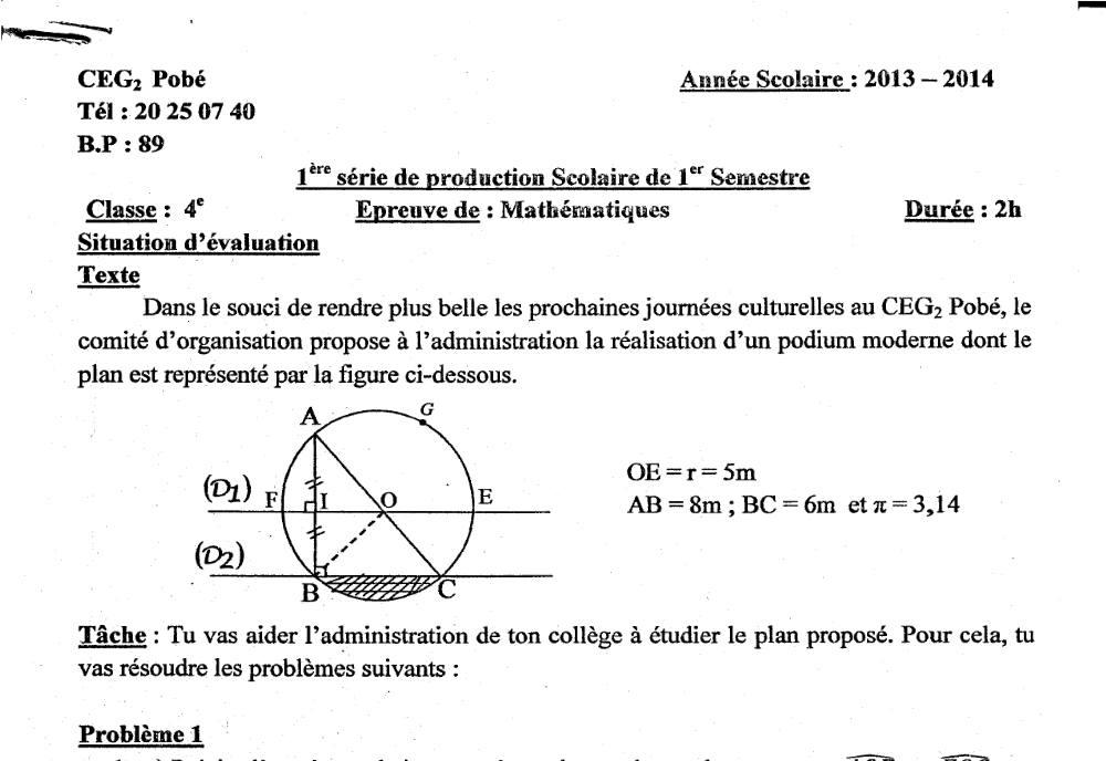 Aperçu de la première page — 4e Mathématiques 1er Devoir 1er Semestre CEG2 Pobè 2013 2014