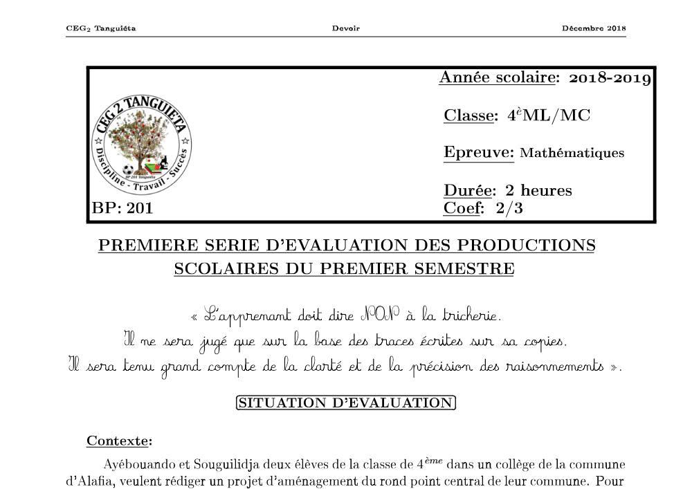 Aperçu de la première page — 4e Mathématiques 1er Devoir 1er Semestre CEG2 Tanguieta 2018 2019