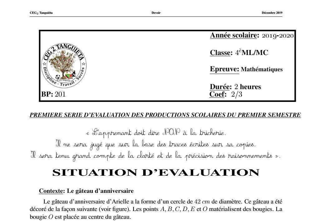 Aperçu de la première page — 4e Mathématiques 1er Devoir 1er Semestre CEG2 Tanguieta 2019 2020
