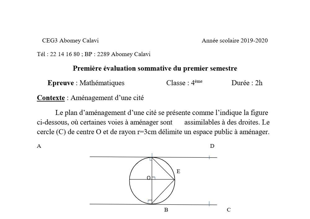 Aperçu de la première page — 4e Mathématiques 1er Devoir 1er Semestre CEG3 Abomey Calavi 2019 2020