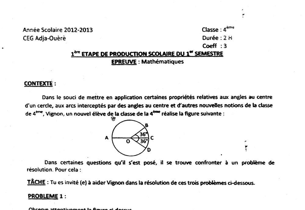 Aperçu de la première page — 4e Mathématiques 1er Devoir 1er Semestre CEG Adja Ouere 2012 2013