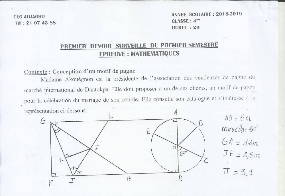 Aperçu de la première page — 4e Mathématiques 1er Devoir 1er Semestre CEG Adjagbo 2018 2019
