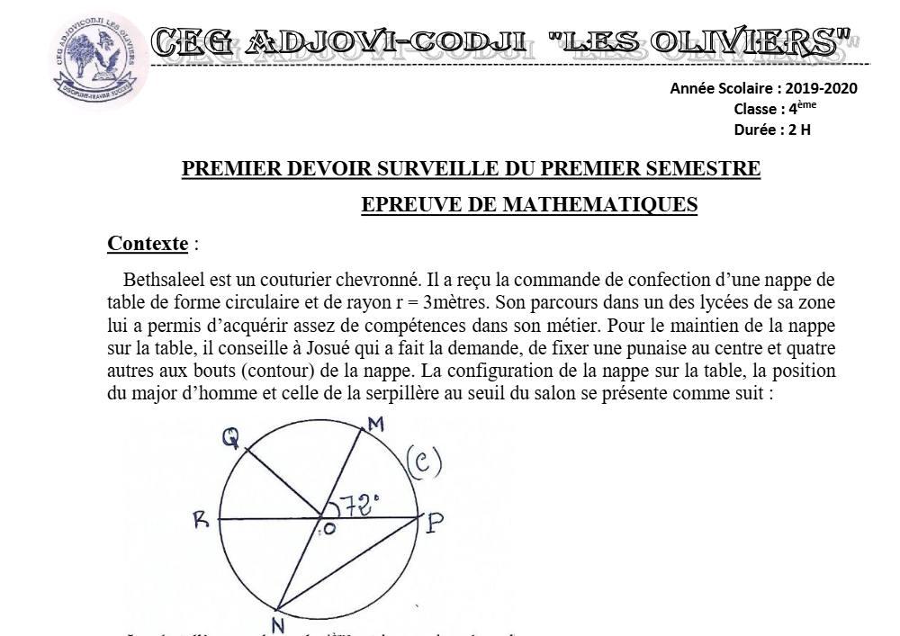 Aperçu de la première page — 4e Mathématiques 1er Devoir 1er Semestre CEG Adjovi Codji 2019 2020
