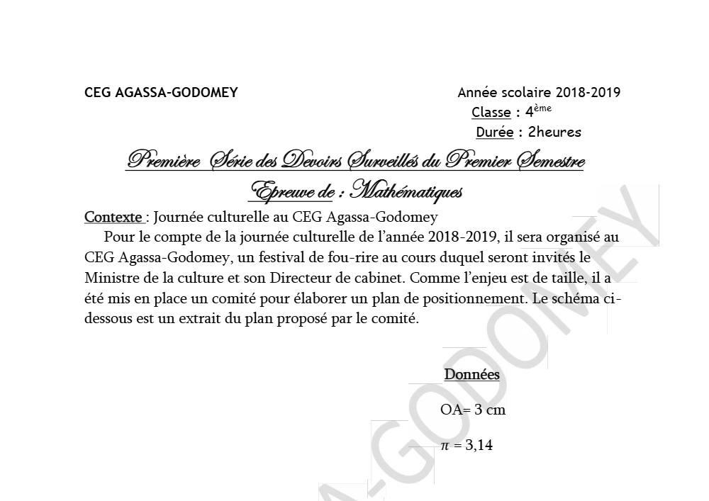 Aperçu de la première page — 4e Mathématiques 1er Devoir 1er Semestre CEG Agassa Godomey 2018 2019