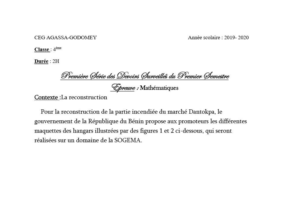 Aperçu de la première page — 4e Mathématiques 1er Devoir 1er Semestre CEG Agassa Godomey 2019 2020