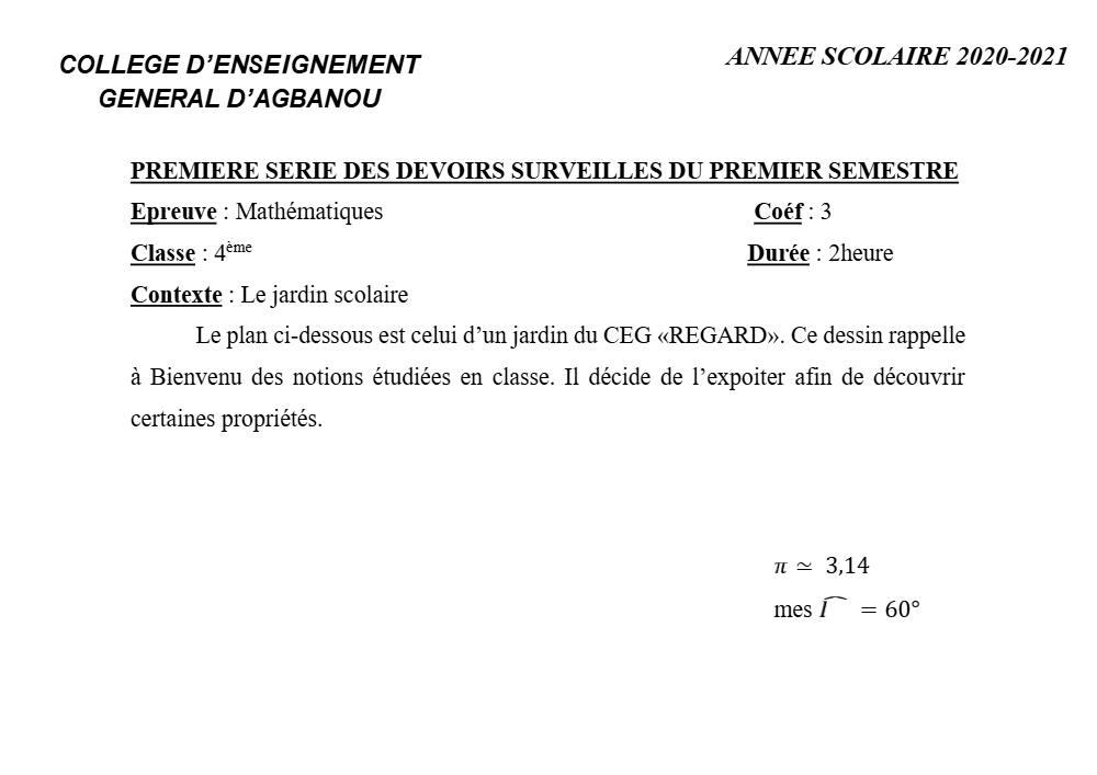 Aperçu de la première page — 4e Mathématiques 1er Devoir 1er Semestre CEG Agbanou 2020 2021
