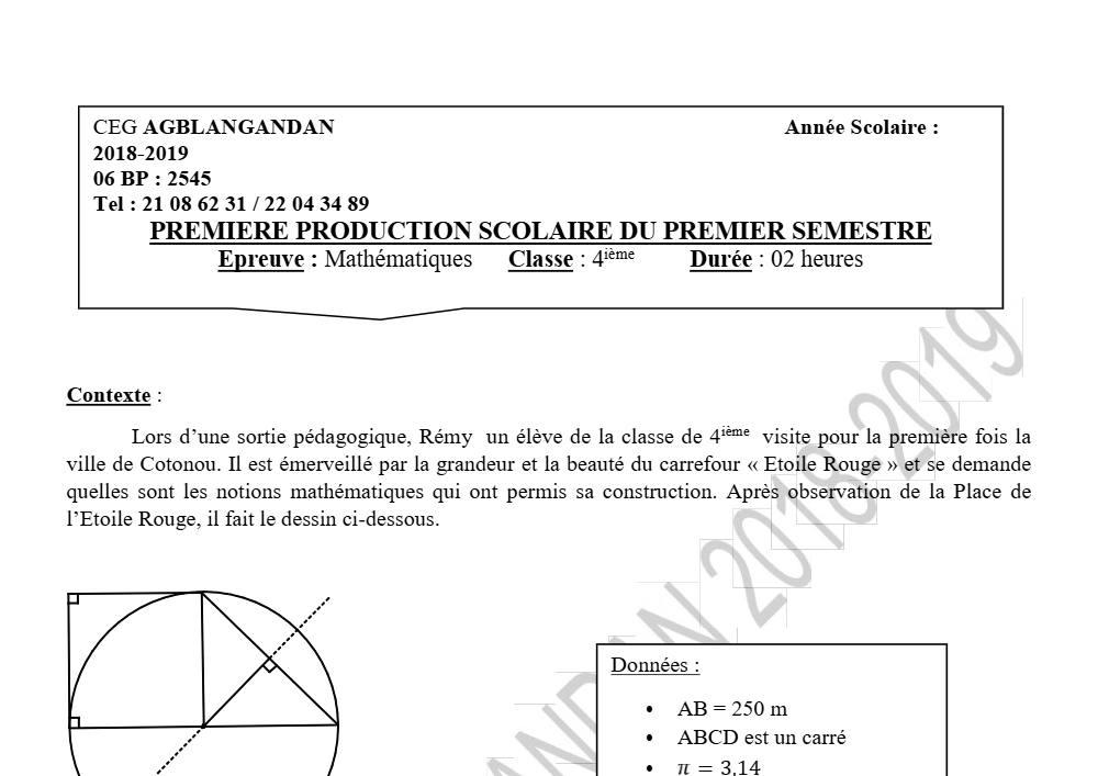 Aperçu de la première page — 4e Mathématiques 1er Devoir 1er Semestre CEG Agblangandan 2018 2019