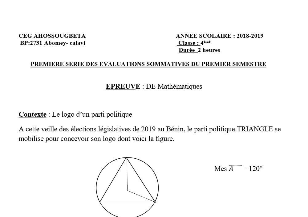 Aperçu de la première page — 4e Mathématiques 1er Devoir 1er Semestre CEG Ahossougbéta 2018 2019