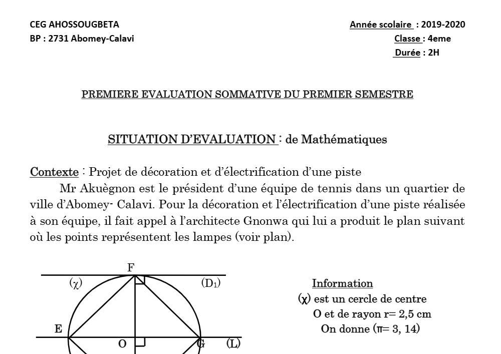 Aperçu de la première page — 4e Mathématiques 1er Devoir 1er Semestre CEG Ahossougbéta 2019 2020