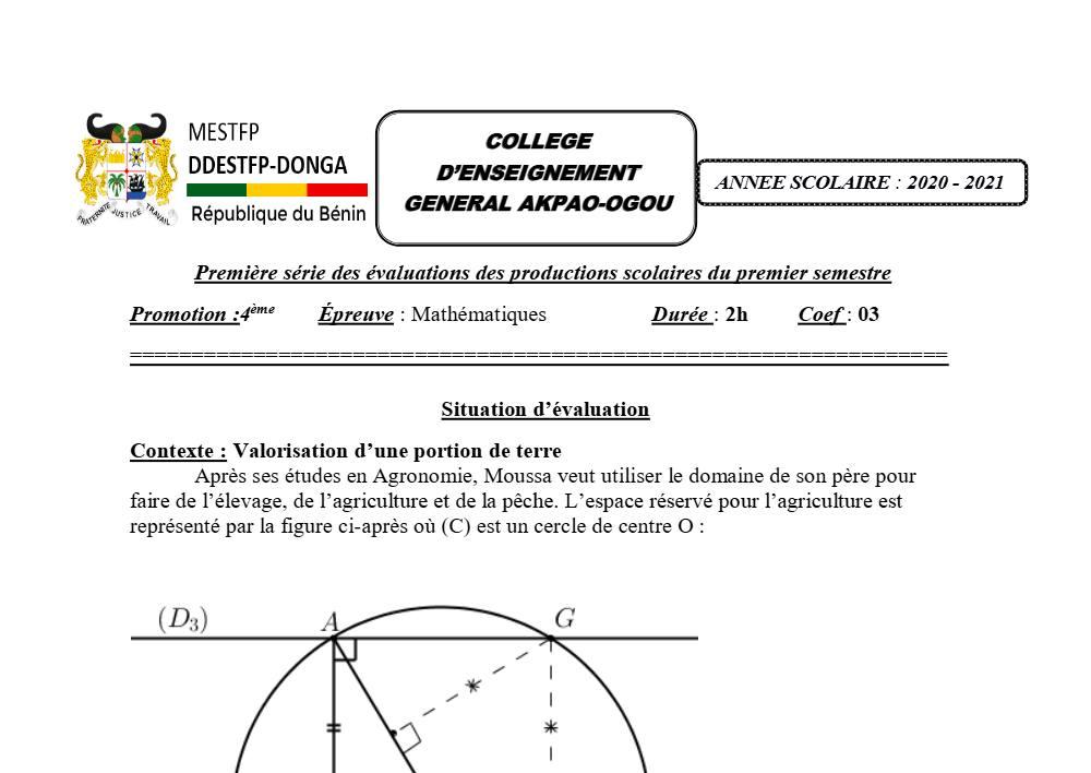 Aperçu de la première page — 4e Mathématiques 1er Devoir 1er Semestre CEG Akpao Ogou 2020 2021
