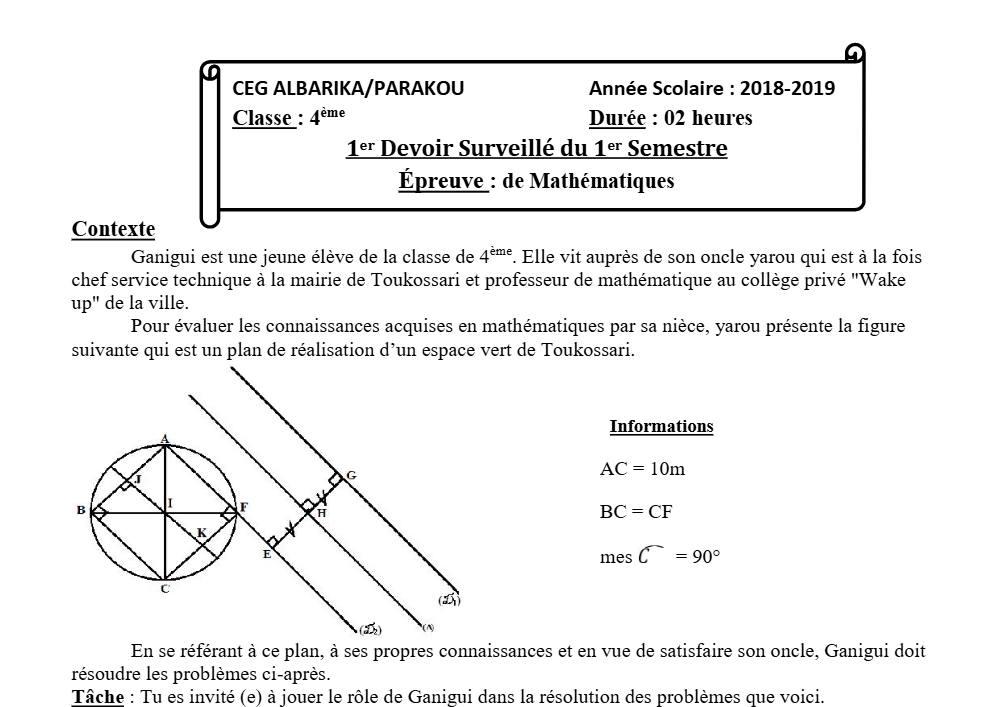 Aperçu de la première page — 4e Mathématiques 1er Devoir 1er Semestre CEG Albarika 2018 2019