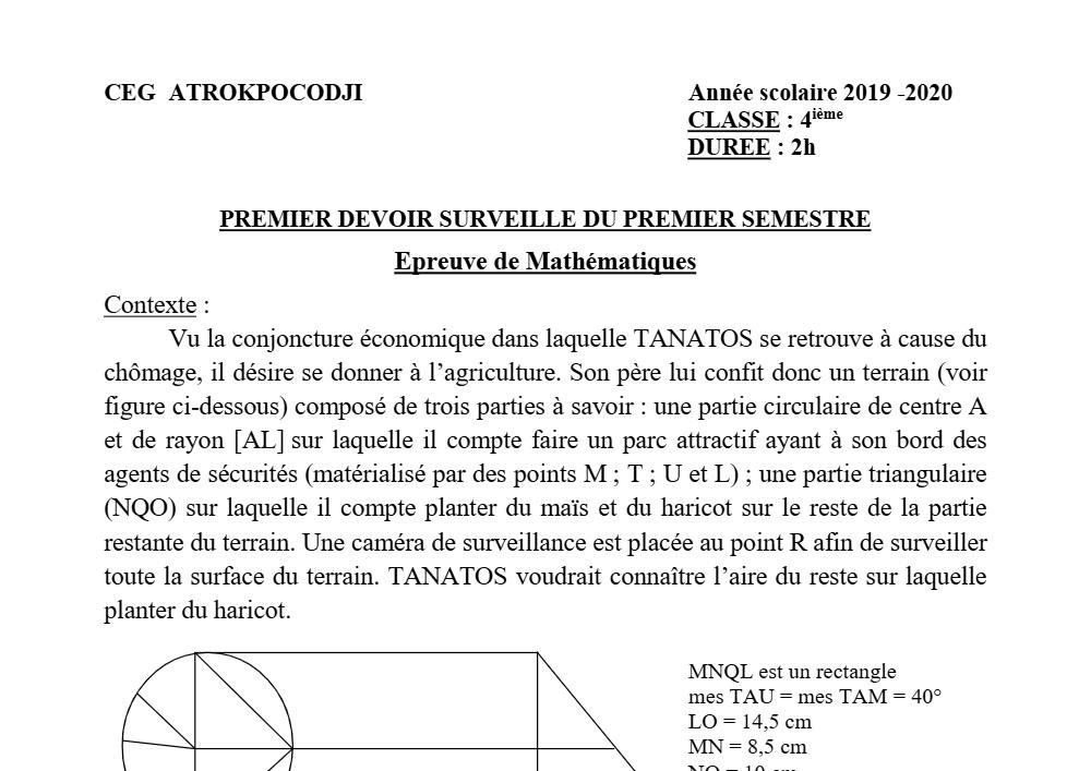 Aperçu de la première page — 4e Mathématiques 1er Devoir 1er Semestre CEG Atrokpocodji 2019 2020