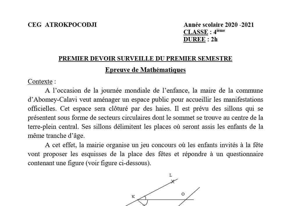 Aperçu de la première page — 4e Mathématiques 1er Devoir 1er Semestre CEG Atrokpocodji 2020 2021