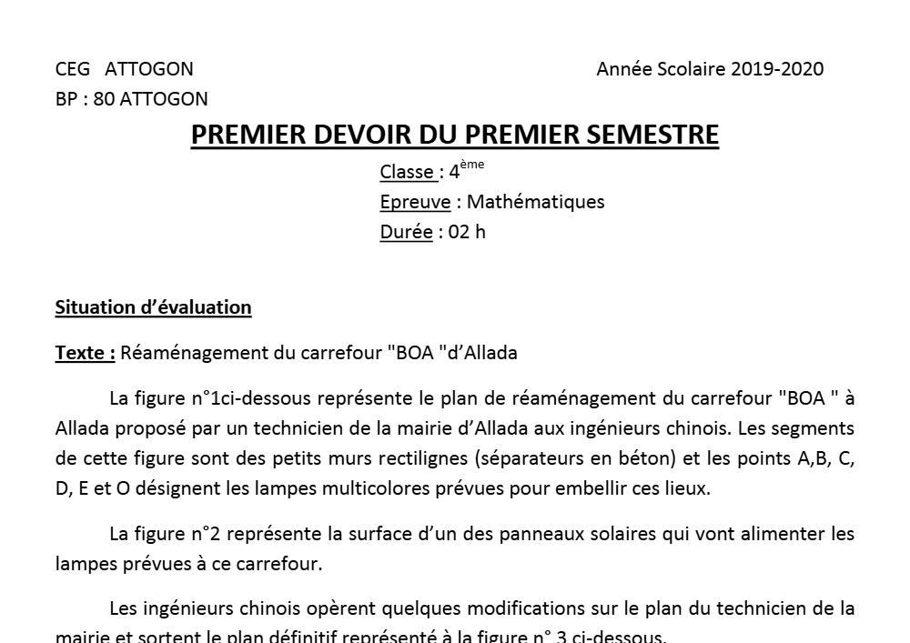 Aperçu de la première page — 4e Mathématiques 1er Devoir 1er Semestre CEG Attogon 2019 2020