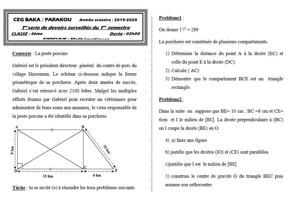 Aperçu de la première page — 4e Mathématiques 1er Devoir 1er Semestre CEG Baka 2019 2020