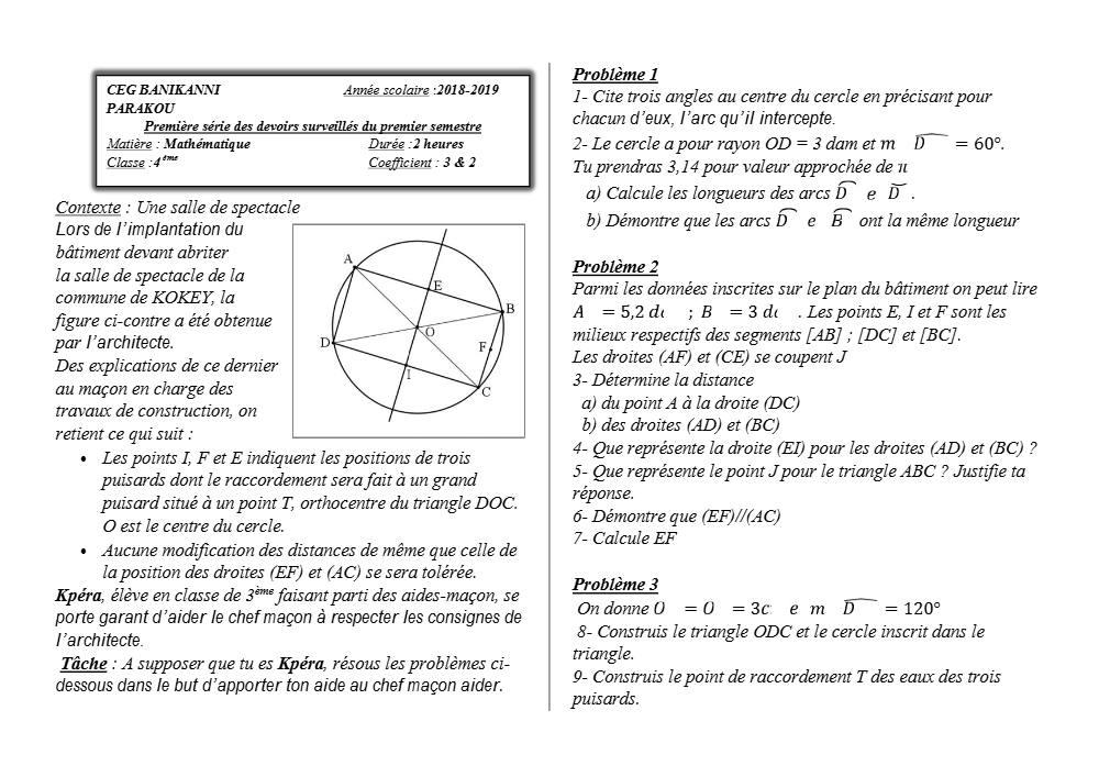 Aperçu de la première page — 4e Mathématiques 1er Devoir 1er Semestre CEG Banikanni 2018 2019
