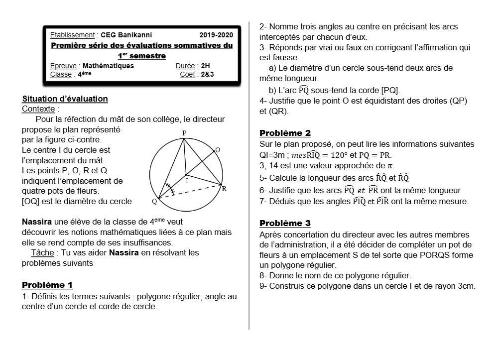 Aperçu de la première page — 4e Mathématiques 1er Devoir 1er Semestre CEG Banikanni 2019 2020